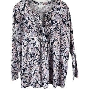 JJill Floral Knit Blouse Sz S Long Sleeve Cottagecore Pintuck Coastal Grandma